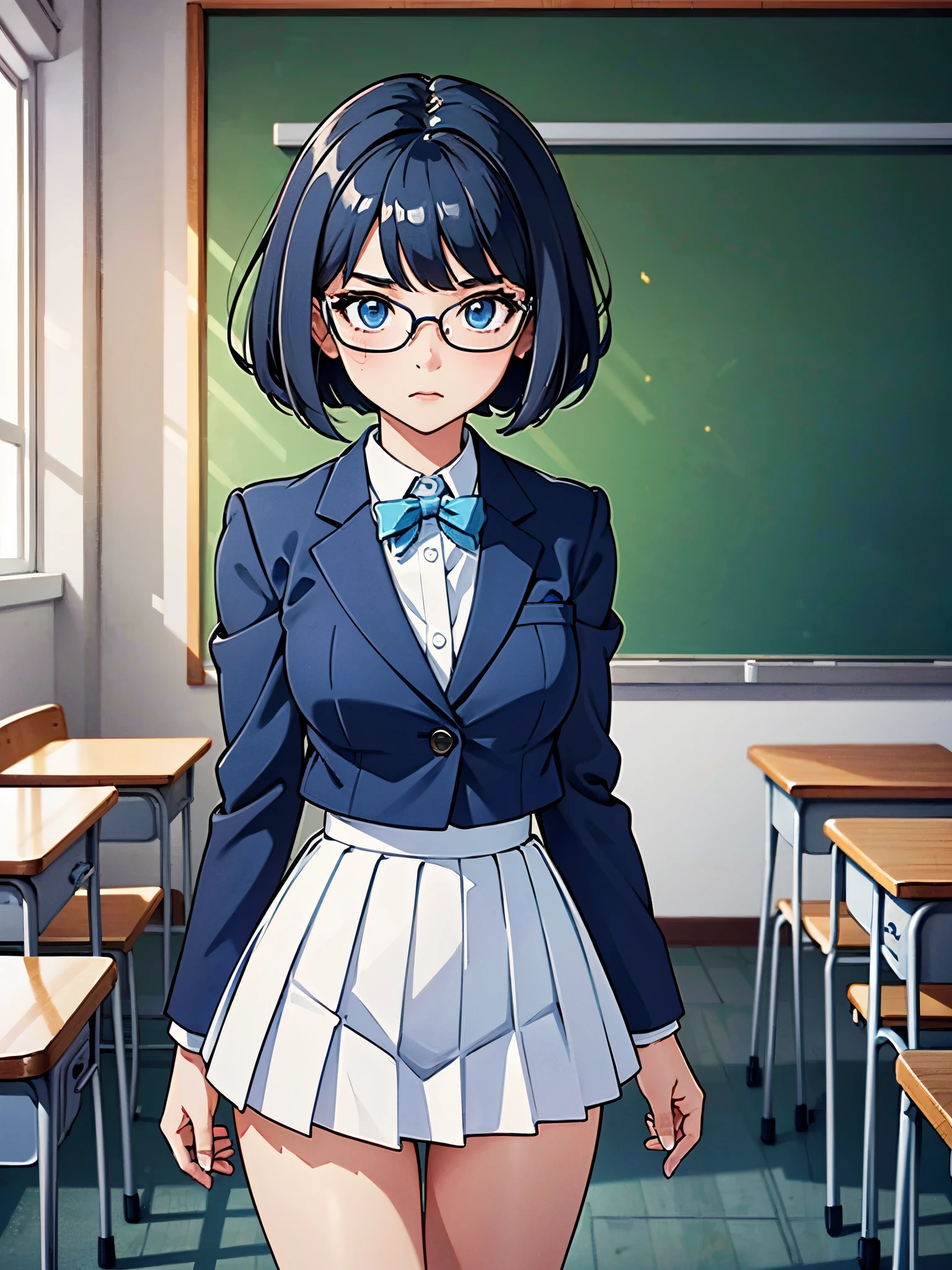 masterpiece, best quality, 1girl, solo, solo focus, brown shoes, matching shoes, white socks, matching socks, (blazer, blue blazer), (white skirt, pleated skirt, miniskirt), glasses (high school girl), standing straight, school backdrop, dark blue hair, ((short hair, bob hair)), blue eyes, beautiful detailed eyes, beautiful detailed face, cute face, perfect hands, complete fingers, perfect anatomy, perfect proportions, relaxed, full body, cowboy shot, classroom