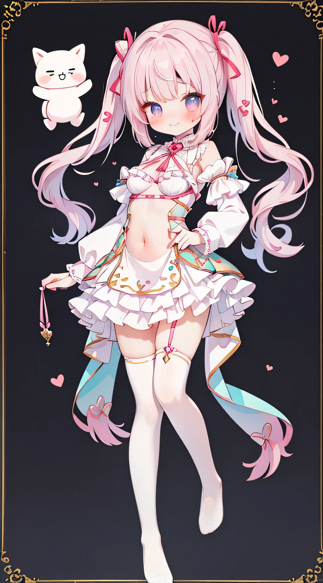 full-body shot,stand,masterpiece,best quality,official art,extremely detailed CG unity 8k wallpaper, bishoujo, white hair, hair strand, seductive smile, nose blush , shy, embarrassed , blush, cute face, aqua eyes, beautiful detailed eyes, pink eyes, small breasts, between breasts, breasts apart, hanging breasts, bouncing breasts, Light pink pajamas with patterns on them,((white frilled thighhighs socks)), ((No shoes)),The socks are transparent,arched_back, bent_over,