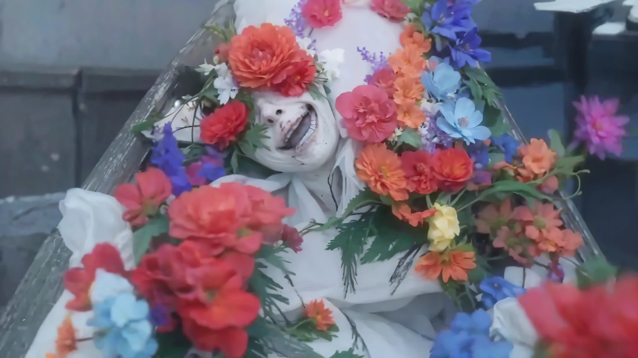 dead body, corpse, smile, no eyes, bloody corpse, Flowers growing out of a corpse, infection, last of us