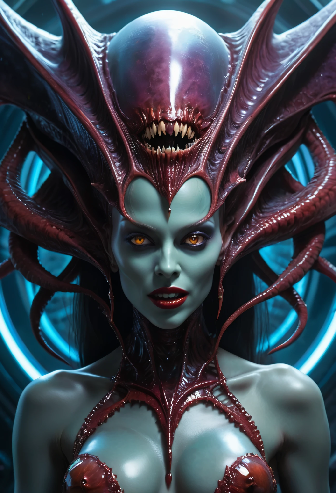 Detailed art in alluring and frightening hues, presenting a beautiful and obscene female alien with a captivating allure. (Vulgarity 1.7), her eyes radiating no pupils yet exuding an evil seductive gaze. (Transparent skin:1.7) grants an uncensored view of her body, while a female genital-like organ graces the center of her forehead. (The most beautiful face in the universe:1.2) descends upon her features, adorned with sharp vampire teeth and a big, inviting mouth. A full-body portrait unfolds, revealing an extraterrestrial being of fused cells, exuding bi