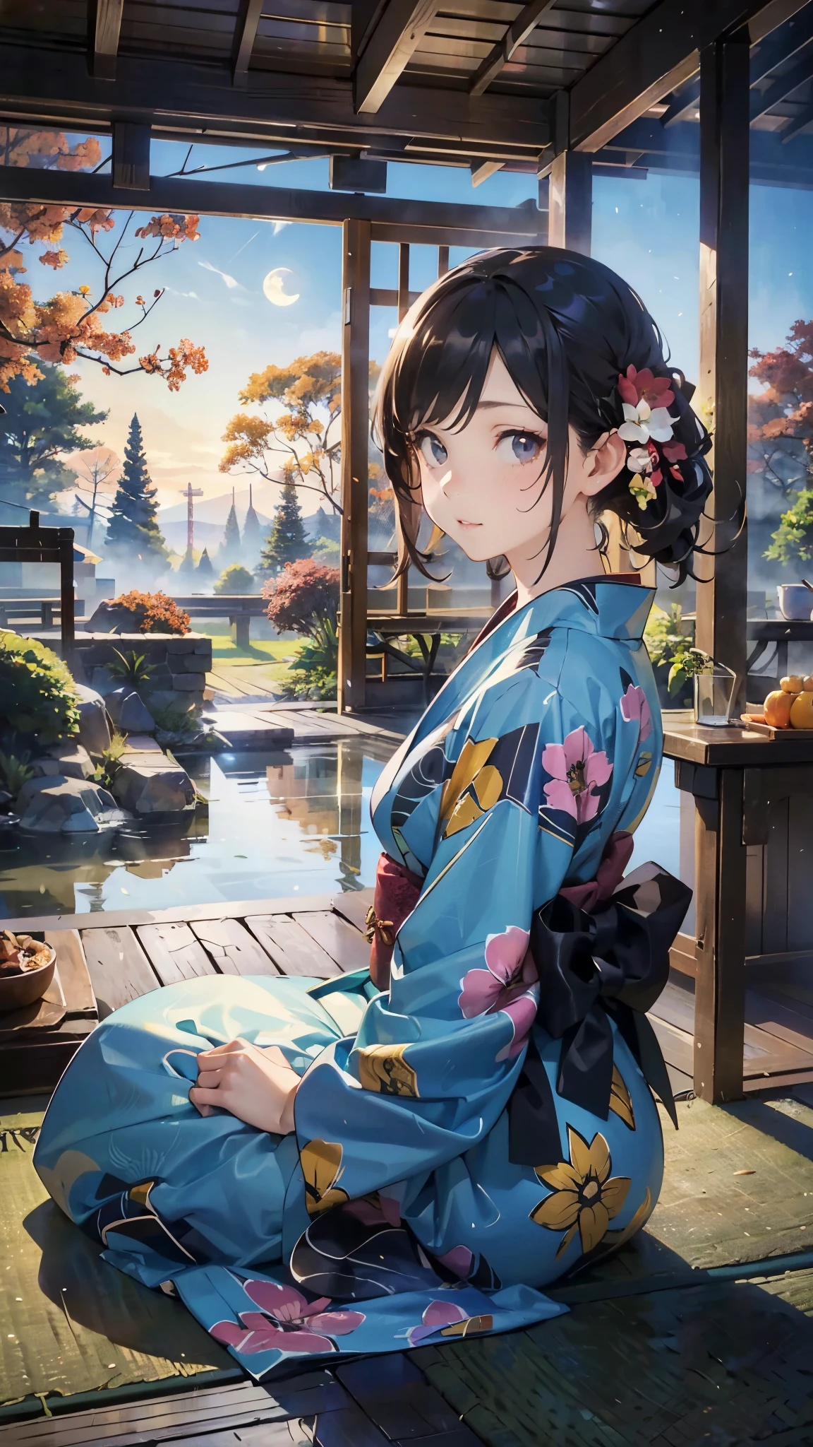 (official art、highest quality、Unity 8k wallpaper、32k、masterpiece、super detailed、超A high resolution、oil painting style:1.2)、Slender、medium bust、(full body:1.2)、(side shot、look away:1.2)、highly detailed background、realistic student、sharp pupils、blurred background、Beautiful girl in yukata、(highly detailed face and eyes、beautiful face、super dense skin、fine skin texture:1.3)、Japanese garden、cowboy shot、sitting in veranda、moon明かり、空に一つの満moon、moon、dumpling、autumn landscape、