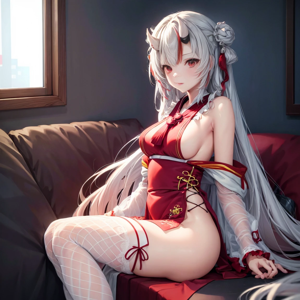 Anime girl sitting on chair, cute anime waifu in beautiful dress, azur lane style, Guweiz in Pixiv ArtStation, trending on artstation pixiv, Guweiz on ArtStation Pixiv, Anime goddess, onmyoji, trending on cgstation , anime style4 K, Guviz, perfect body, perfect breasts,((Best quality, 8k, Masterpiece :1.3)), Sharp focus :1.2, lewd face and holding a condom, ((hand between legs)), wearing legs, fishnet stockings, ((perfect face)), apron, nude, no underwear, slightly bent,hand between the legs, show pantie ,