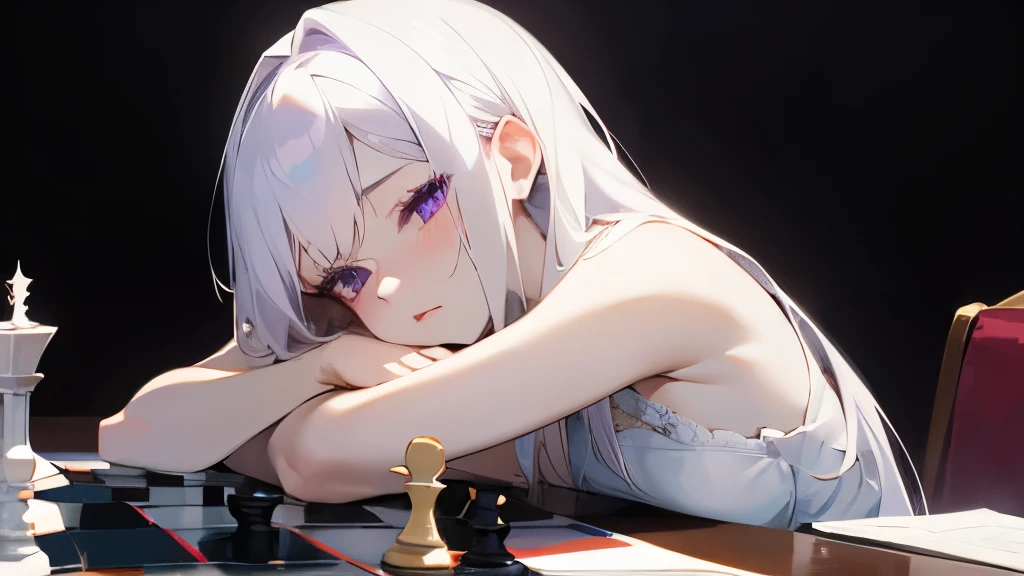 1girl, solo, she's playing chess, sexy pale skin, white hair purple eyes pretty face, wearing queen dress, sitting confidently, sleepy cute face