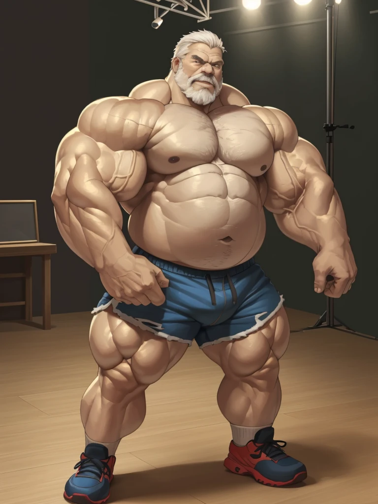 (best quality,4k,8k,highres,masterpiece:1.2),ultra-detailed,(realistic,photorealistic,photo-realistic:1.37),((massive muscular)) ((huge Muscular)) chubby old man standing in photo studio, simple background, flexing muscle, shorts and shoes, white hair, super thick arms, super big pectoral, super wide pectoral, topless, shirtless
