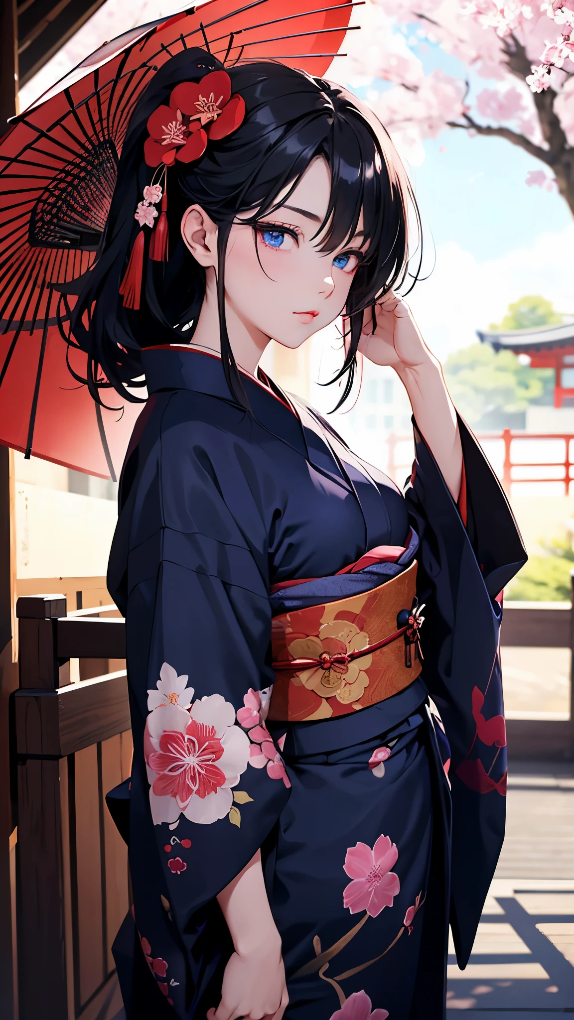 Oiran Dochu、woman１name、strong will。strong gaze、adult sex appeal、dark atmosphere。 black hair、beautiful, blue eyes,  ,night light ((8K, Hmm, surreal))、she is wearing a proper yukata。glare、spring。Cherry-blossom viewing。Navy Kimono