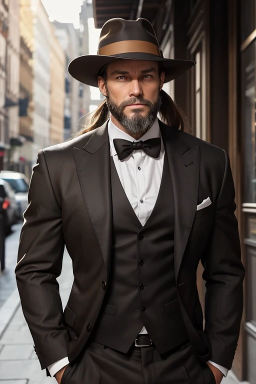 Caucasian male, 47 years old, very tall, long brown hair worn in a ponytail, chinstrap beard graying at the chin. hazel green eyes, narrow shoulders, strong musculature. Black, tailored three piece suit and fedora.