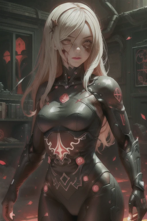 extremely realistic shading, masterpiece, extremely detailed, photorealistic, mechanical, woman, dress, room, glowing red eyes, covered in blood, blood everywhere, facing viewer,