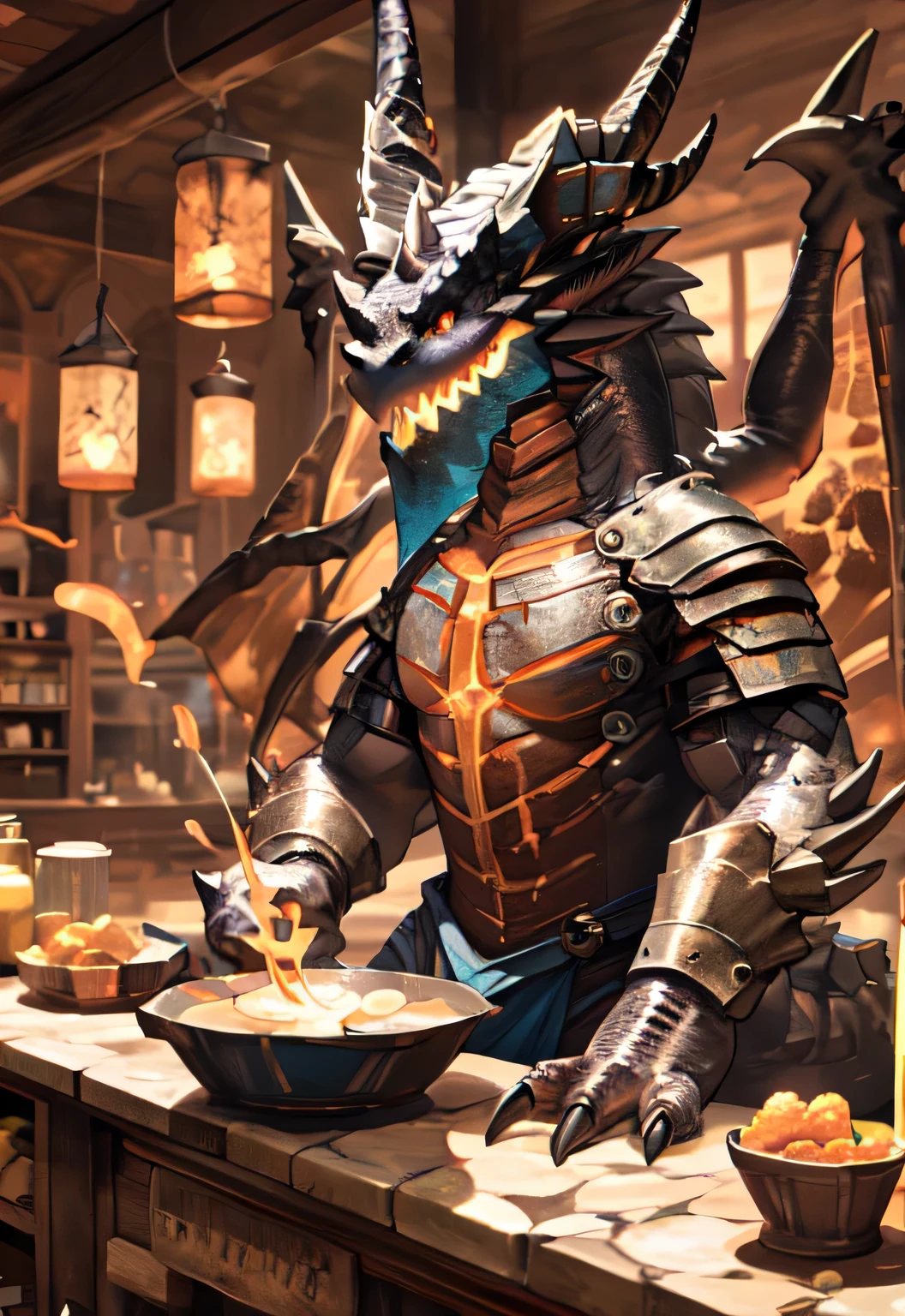 On the counter of a shop full of glowing potions,A dragon in a medieval tight-fitting costume,There is a huge bulge,Greet you with a warm smile,With wings,Dragon Wings