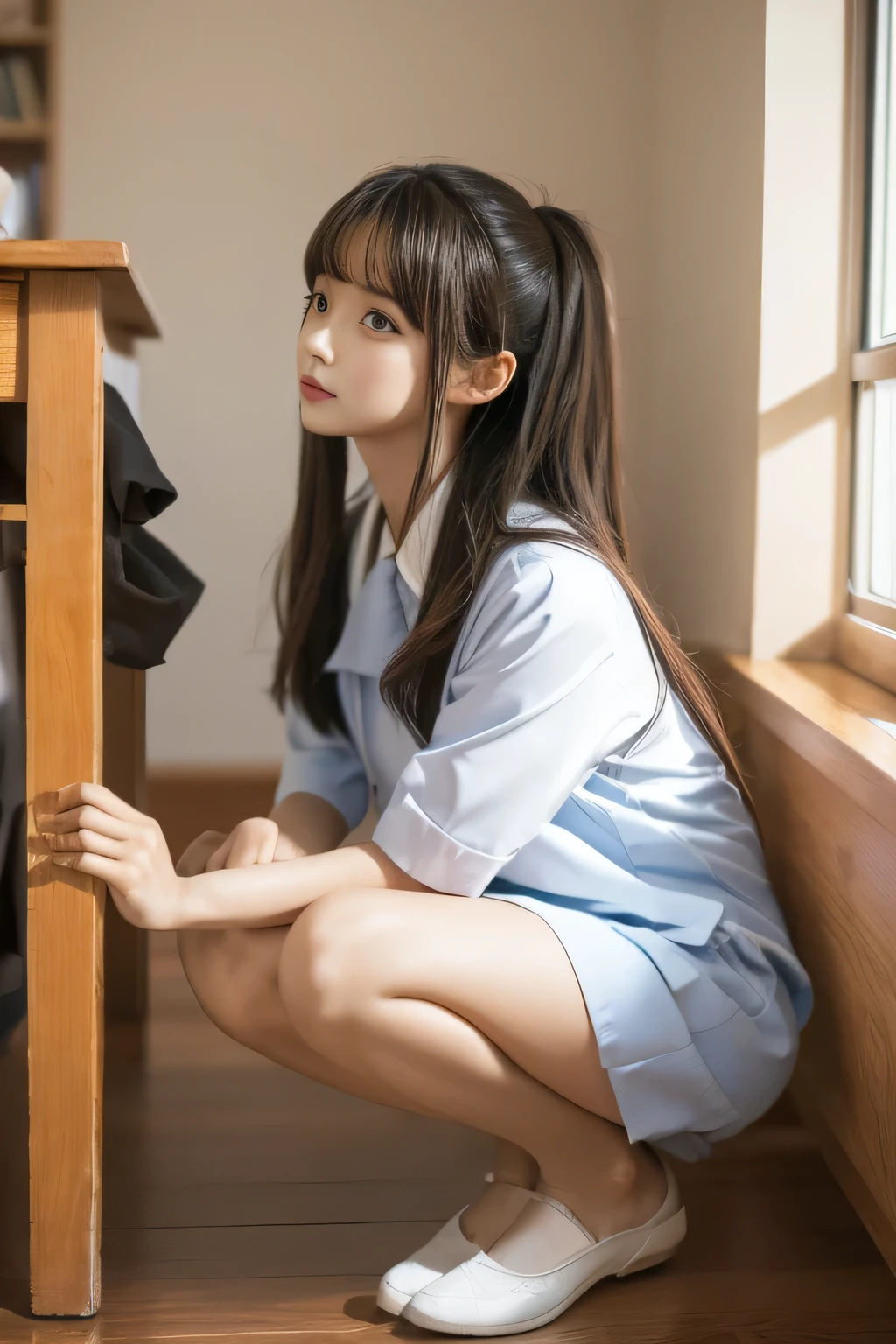 chunmomo, (masterpiece, best quality:1.2), soft light, 1girl, solo, delicate face, Detailed skin, long black hair, ,school uniform,castle