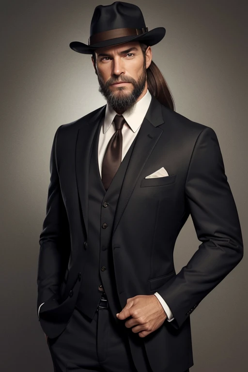 Caucasian male, 47 years old, very tall, long brown hair worn in a ponytail, chinstrap beard graying at the chin. hazel green eyes, narrow shoulders, strong musculature. Black, tailored three piece suit and fedora.