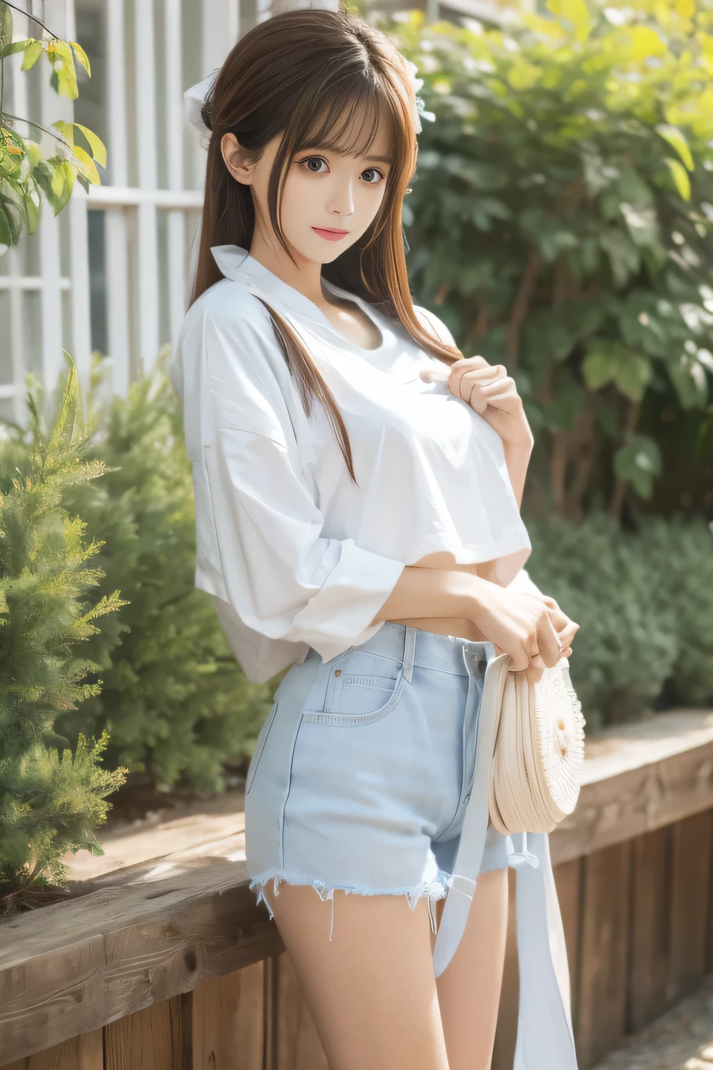 chunmomo, (masterpiece, best quality:1.2), soft light, 1girl, solo, delicate face, Detailed skin, long black hair, ,pleated skirt,shirt tucked in,tented shirt,botanical garden