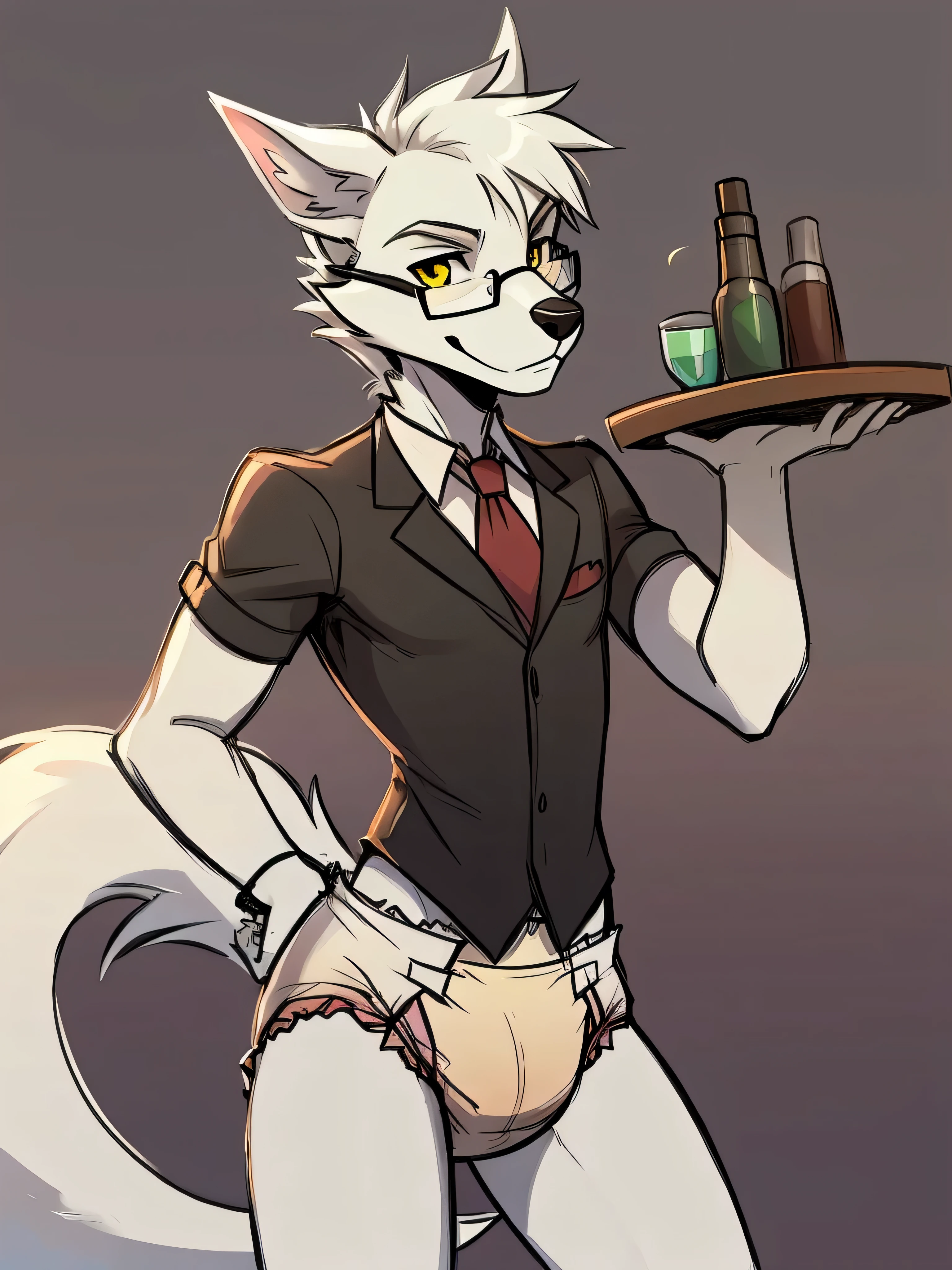 Male, arctic wolf, detailed yellow eyes, long tail, bartender, detailed plain diaper with four tapes, slim, sly, simple background, glasses