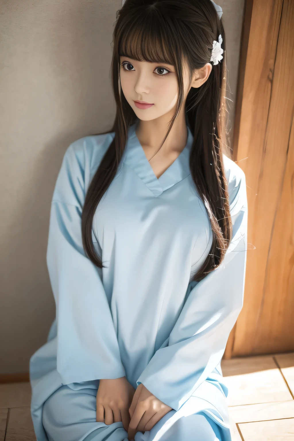 chunmomo, (masterpiece, best quality:1.2), soft light, 1girl, solo, delicate face, Detailed skin, long black hair, ,nurse suit,in subway