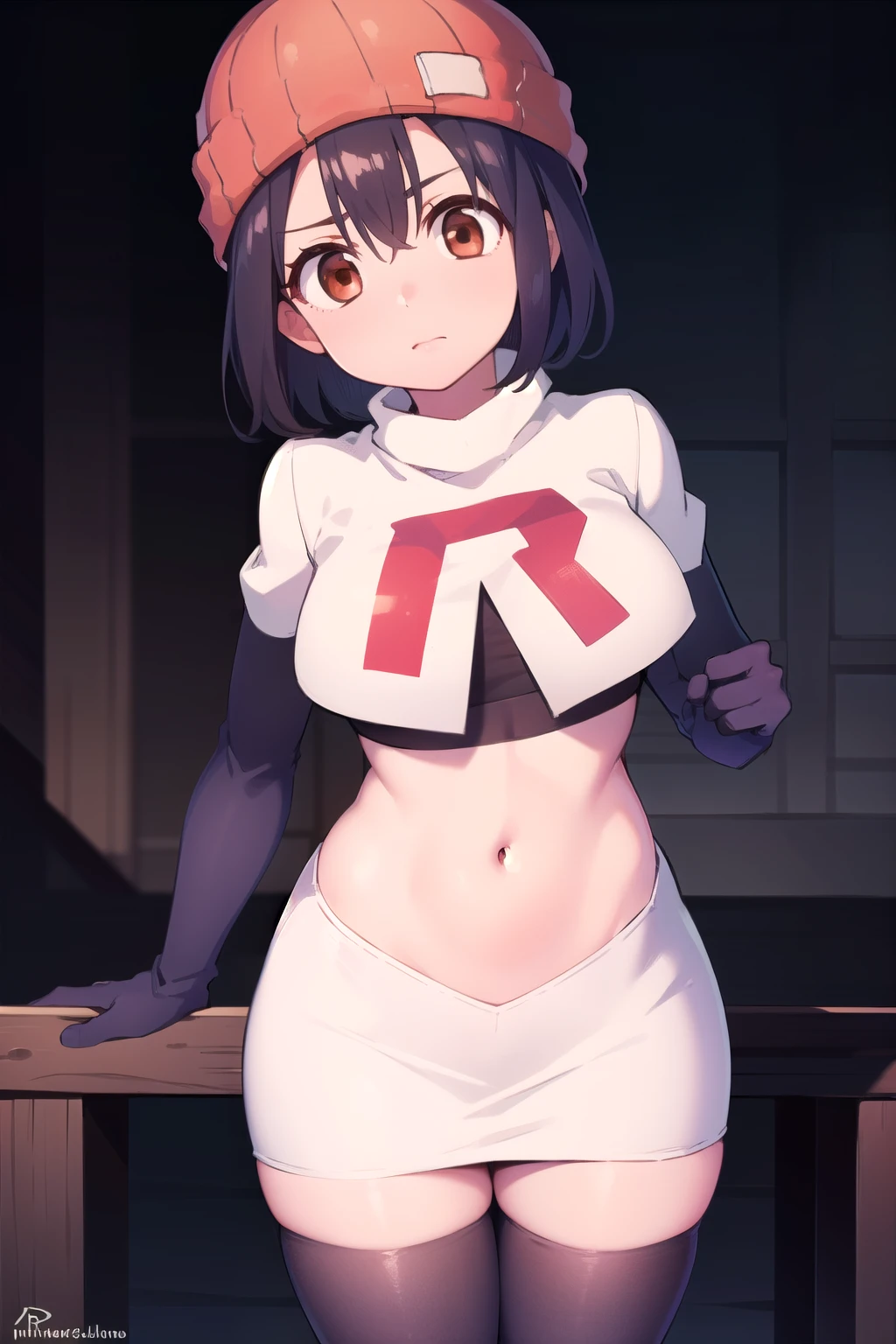 fuukoizumo, fuuko izumo, black hair, hair between eyes, (brown eyes:1.5), short hair,
BREAK team rocket,team rocket uniform, red letter R, white skirt,white crop top,black thigh-highs,black elbow gloves, beanie, (red beanie:1.2),
BREAK looking at viewer, (cowboy shot:1.5),
BREAK (masterpiece:1.2), best quality, high resolution, unity 8k wallpaper, (illustration:0.8), (beautiful detailed eyes:1.6), extremely detailed face, perfect lighting, extremely detailed CG, (perfect hands, perfect anatomy),