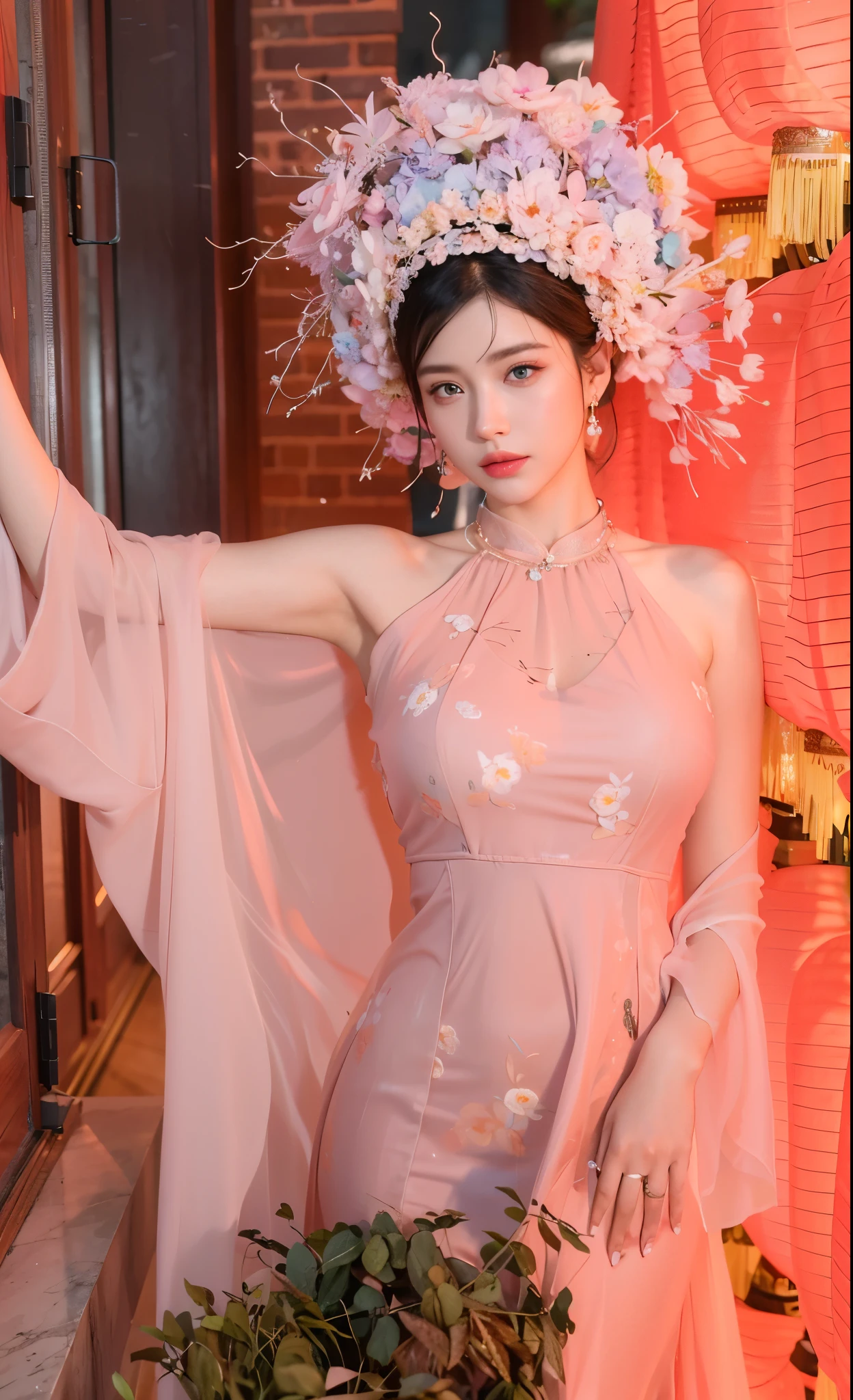 Game art,Best image quality,Highest resolution,8K,(A half-length photo),(portrait),(Head close-up),(rule of thirds),Unreal Engine 5 rendering works,20 year old girl,((Queen)),Eyes are very detailed,(big breasts),Elegant and noble,cinema lights,Ray tracing,Game CG,((3D Unreal Engine)),OC rendering reflection pattern,4K,Ultra-clear,Sensual,translucent lace,Fair and plump figure,pretty face,gloss gel coat,身着华贵礼服的Queen,Crystal Gem Crown,Necklace jewelry,blue eyes,Wear a flower crown,five fingers straight,Fingers neat