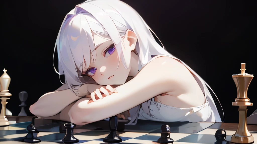 1girl, solo, she's playing chess, sexy pale skin, white hair purple eyes pretty face, wearing queen dress, sitting confidently, sleepy cute face