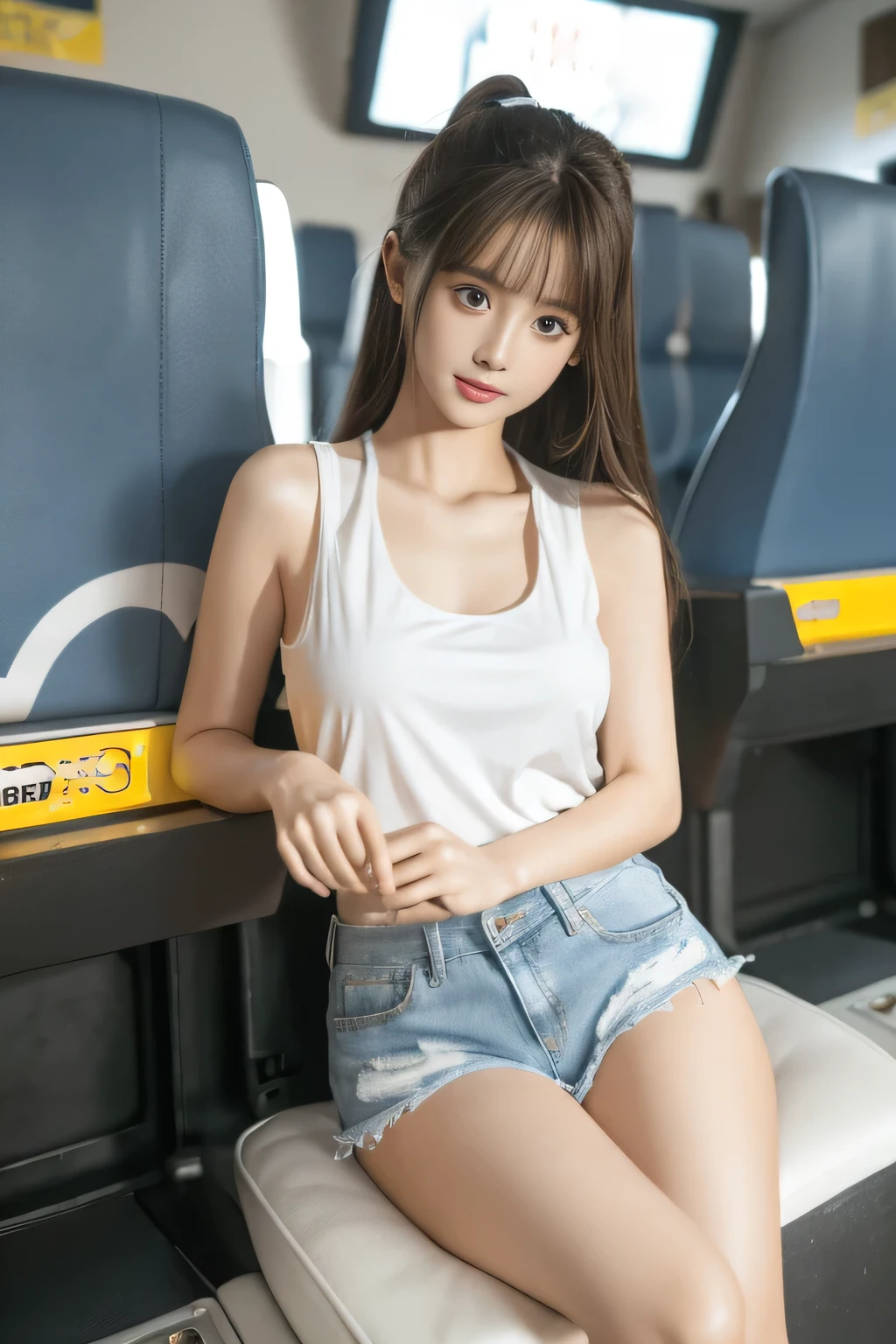 chunmomo, (masterpiece, best quality:1.2), soft light, 1girl, solo, delicate face, Detailed skin, long black hair, ,White sleeveless tank top，blue denim shorts,in movie theatre