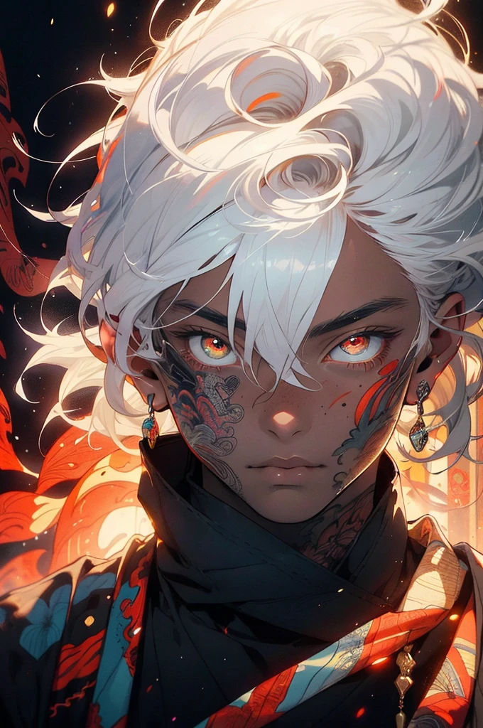 Realism, masterpiece, best quality, beauty and aesthetics, very detailed, fractal art, colorful, most detailed, zentangle, abstract background: 1.5, 1 boy: 1.3, god, white hair, short hair, glowing red eyes, mysterious, magical, ice, handsome man, asian style