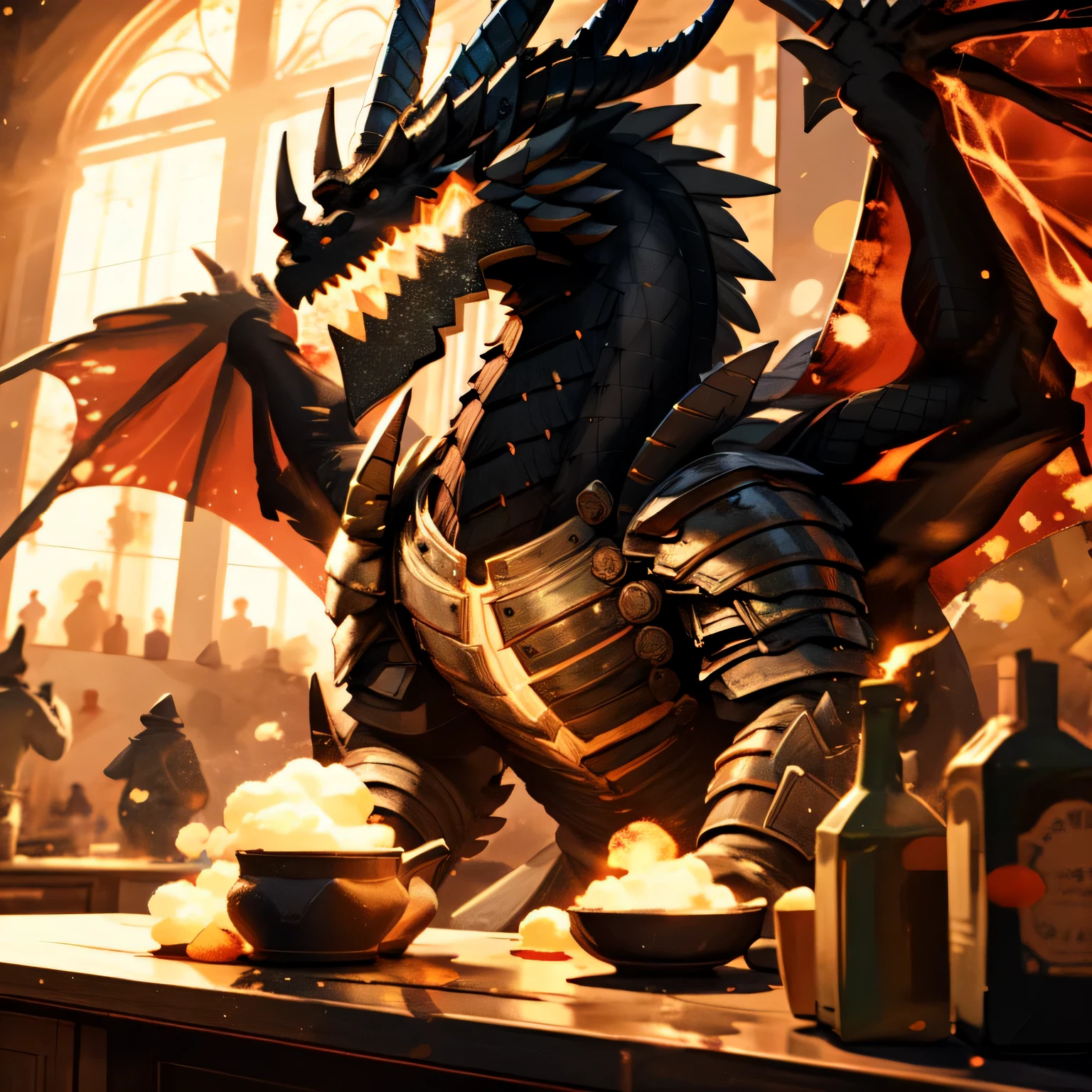 On the counter of a shop full of glowing potions，A dragon in a medieval tight-fitting costume，There is a huge bulge，Greet you with a warm smile