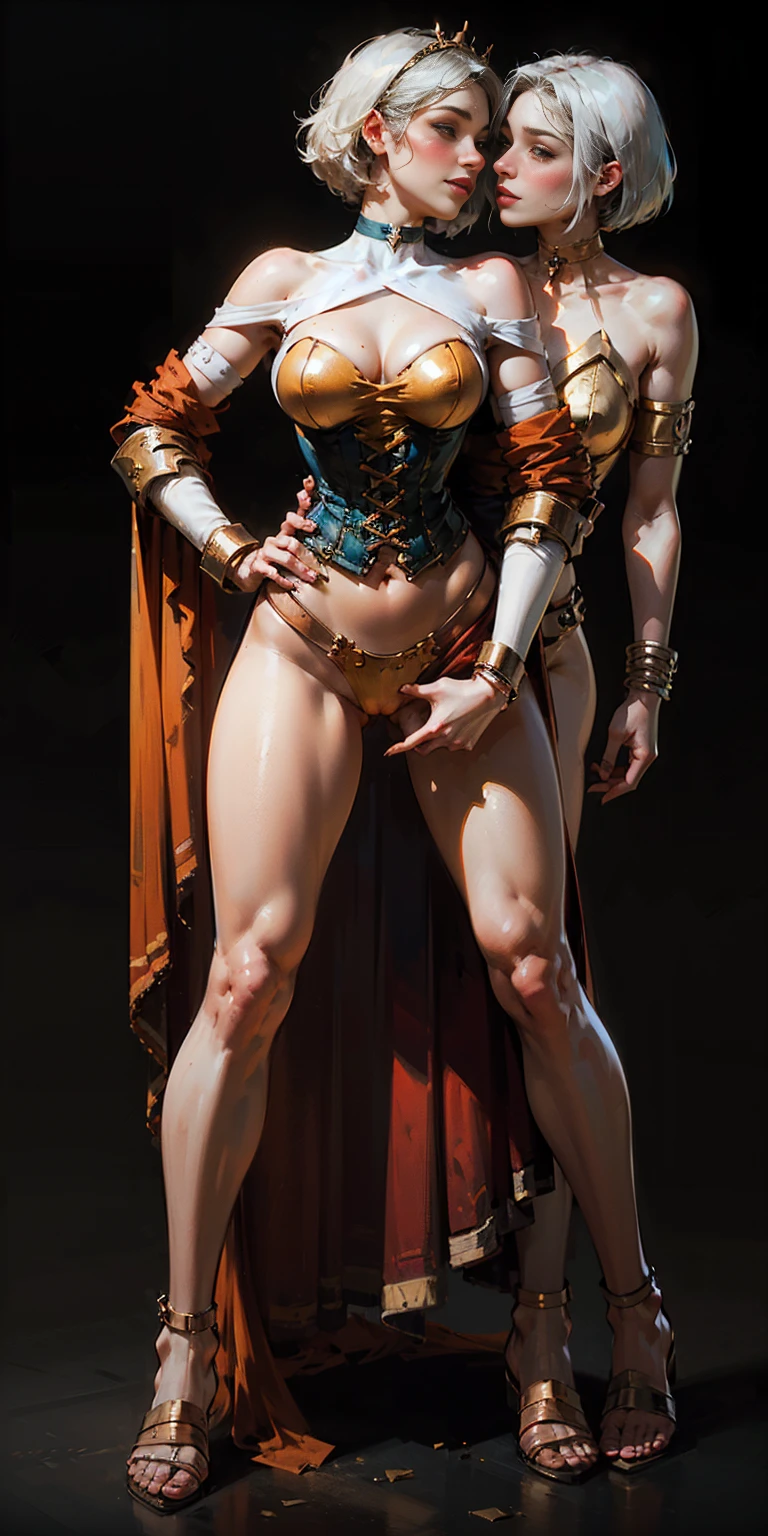 ((BLACK BACKGROUND,1:2, masterpiece)), full body MILF BIMBO standing with two long thighs and two metal sandals, red eyes, silver white hair, short bob style hair, big breasts, cleavage, separate sleeves, tiara royal, long cape up to two feet, yellow bikini, hands on waist, navel, lustful smirking smiling, smile face (red blushed, red cheeks), metal shoulders, gold sleeveless armbands, black leather choker slave collar, shackle bracelets, sex slave red crest, pauldrons, breastplate, corset, eye focus, full body, whole body. 1solo . slave fighter, loincloth standing, hands on hips, metal sandals, backpack, choker, big belt, view from below, feet together, bracers, tiara) (kissing two girls), Kiss, master piece, 8k, illustration, live, hearts, autumn, romance, romantic, lovely, brides