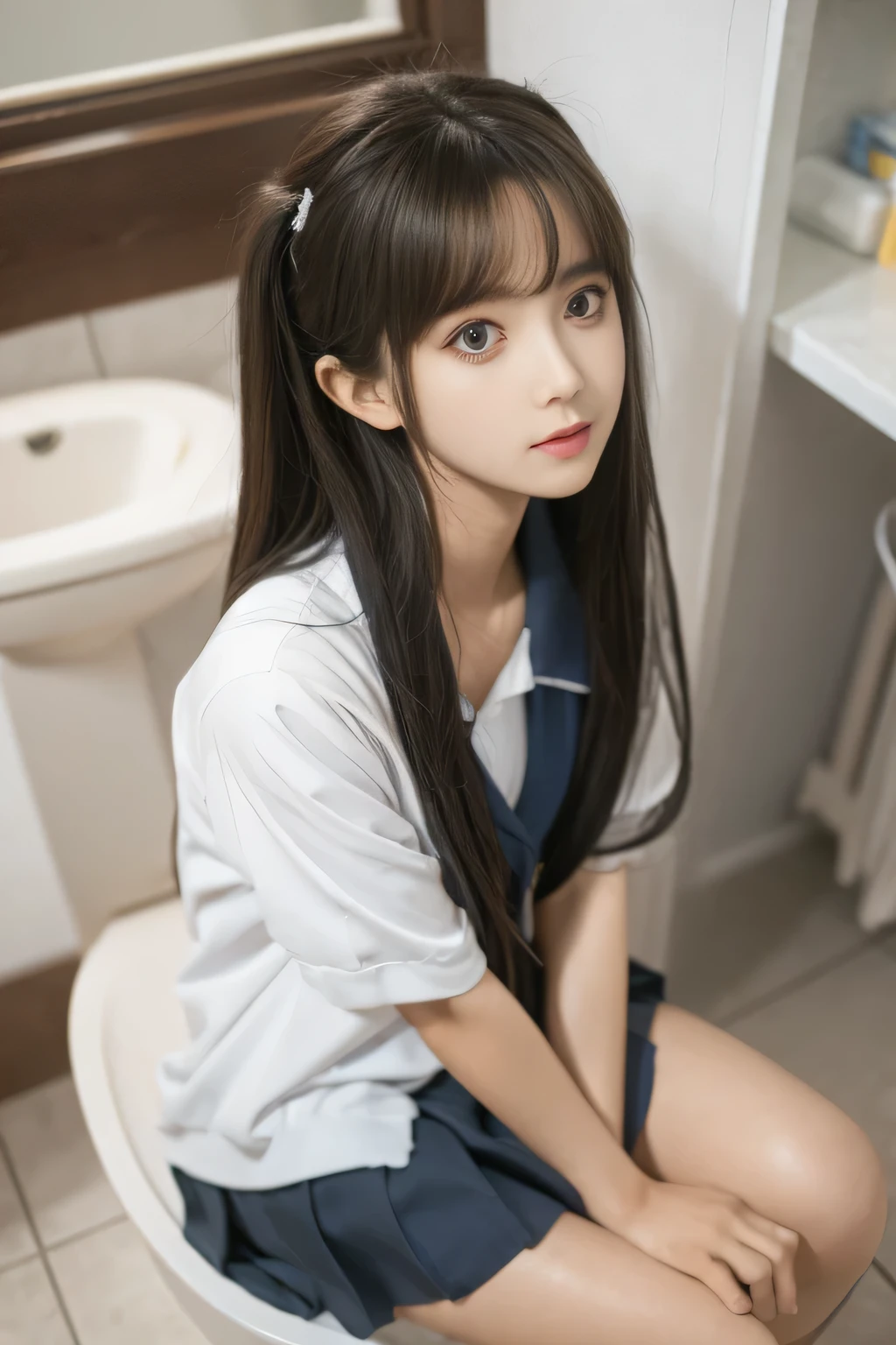 chunmomo, (masterpiece, best quality:1.2), soft light, 1girl, solo, delicate face, Detailed skin, long black hair, ,school uniform,in bathroom