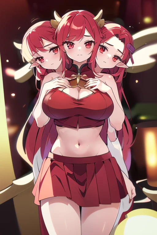 (masterpiece, best quality), best quality, (ultra-detailed), (3heads:1.5), 1girl, (Singyoku :1.3), masterpiece, best quality, ultra quality, ultra resolution, ultra detail, red top, crop top, ((stomach)), midriff, ((groin)), red skirt, normal ears, shackles, flowing red hair, very long hair, wavy hair, sidelocks, glowing red eyes, parted lips, detailed eyes, sweat, cute, toned belly, hand on own chest, eyelashes, (24 year old woman:1.3), (masterpiece:1.5), (best quality:1.5), (beautiful detailed), extremely detailed CG, extremely delicate and beautiful, depth of field, (finely detailed face), (perfect details:1.2), (mature female:1.3), wide pelvis, slender, large veiny breast, 16k resolution, highres, very high quality, very high definition, extremely detailed, masterpiece, flowing red hair, long hair, alluring presence, braid, short skirt, close up, big tits, young, horns,