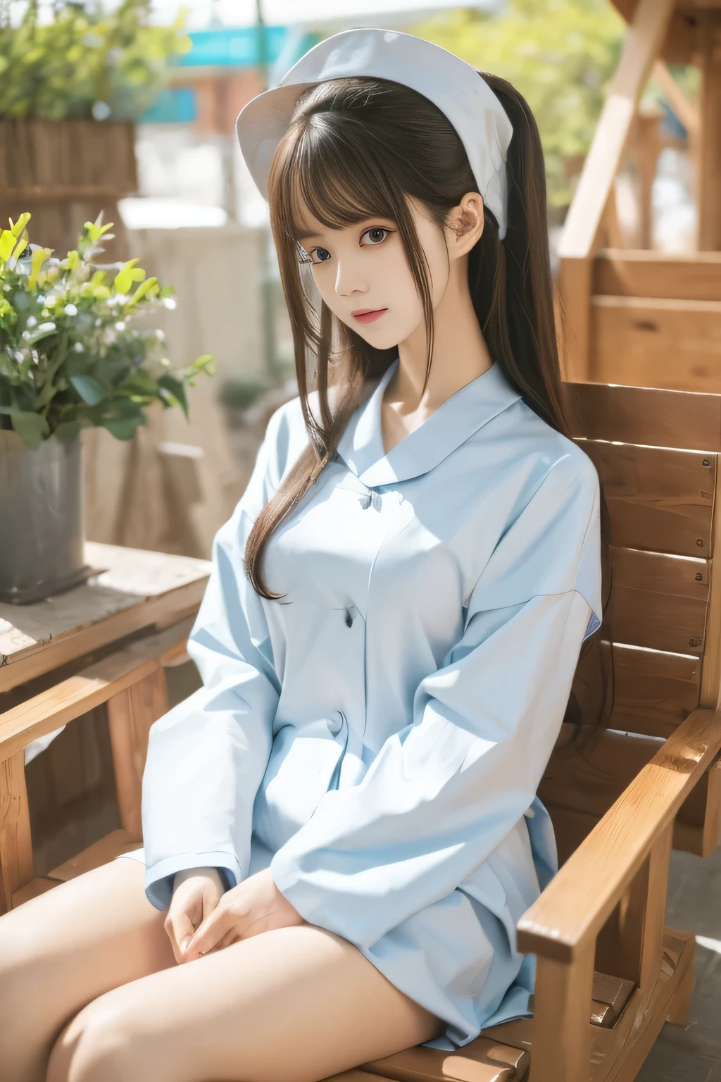 chunmomo, (masterpiece, best quality:1.2), soft light, 1girl, solo, delicate face, Detailed skin, long black hair, ,nurse suit,amusement_park