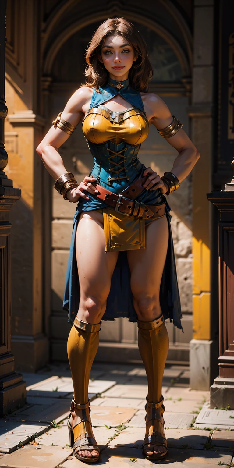 yellow bikini, hands on waist, navel, lustful smirking smiling, smile face (red blushed, red cheeks), metal shoulders, gold sleeveless armbands, black leather choker slave collar, shackle bracelets, sex slave red crest, pauldrons, breastplate, corset, eye focus, full body, whole body. 1solo . slave fighter, loincloth standing, hands on hips, metal sandals, backpack, choker, big belt, view from below, feet together, bracers, tiara)
