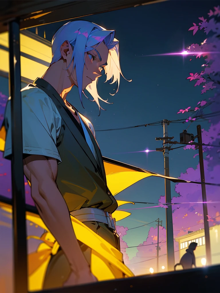 night time , at a bus stop , creepy lighting ,  iluminado apenas pela luz da rua , brilho assustador , cena temperamental , reflections, vestindo roupas de outono , (obra de arte, Melhor qualidade )detalhado, 1 personagem , Estilo de arte do arquivo azul ,  faded pastel colors , Sombra celular , macio, tons suaves ,cores suaves , homem bonito , cabelo branco , Cabelo muito curto, ((crew cut hair style:1 )) , olhos azuis , pele clara , ((muscular:1)),masculine ,28 anos,
