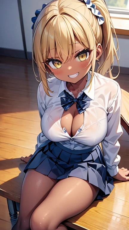 (8K、best image quality、highest quality、masterpiece)、detailed face、1 girl、Improve、((brown skin:1.3))、blonde、low ponytail、Scrunchie、yellow eyes、earrings、evil smile、((grin and laugh))、big breasts、((white collared shirt))、((open clothes))、cleavage、((black pleated skirt))、((mini skirt))、white socks、loafers、sit on a chair、whole body、taken from above、classroom background、 (black stockings:1.1), (Thighs), (constriction)