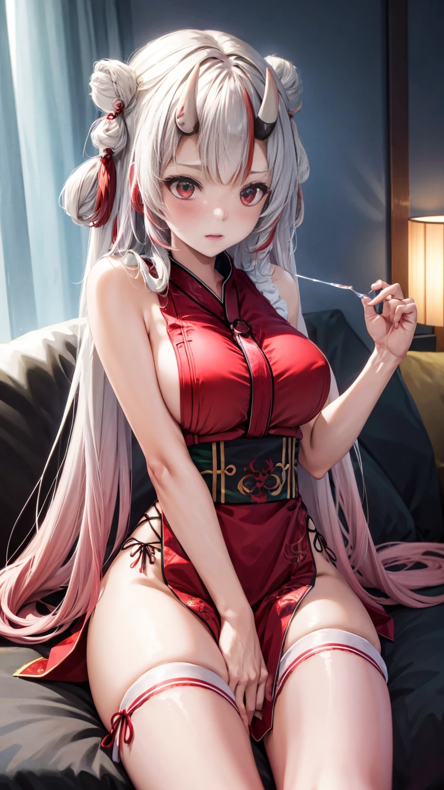 Anime girl sitting on chair, cute anime waifu in beautiful dress, azur lane style, Guweiz in Pixiv ArtStation, trending on artstation pixiv, Guweiz on ArtStation Pixiv, Anime goddess, onmyoji, trending on cgstation , anime style4 K, Guviz, perfect body, perfect breasts,((Best quality, 8k, Masterpiece :1.3)), Sharp focus :1.2, lewd face and holding a condom, ((hand between legs)), wearing legs, fishnet stockings, ((perfect face)), apron, nude, no underwear, slightly bent,hand between the legs, show pantie ,