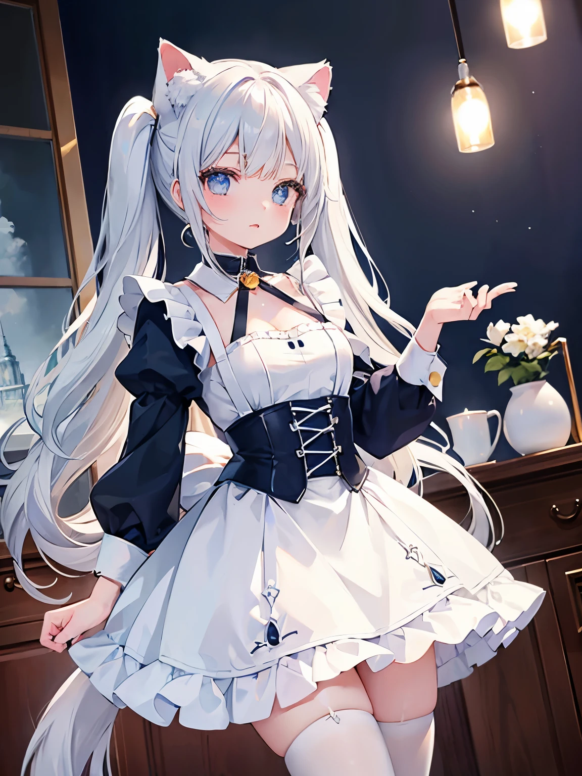 masterpiece, {{{{Highest quality}}}},  beautiful, 1girl, Light_Blue eyes, white hair, {twintails}, {{maid}}, miniskirt, White cat ears, White cat tail, collar with bell,