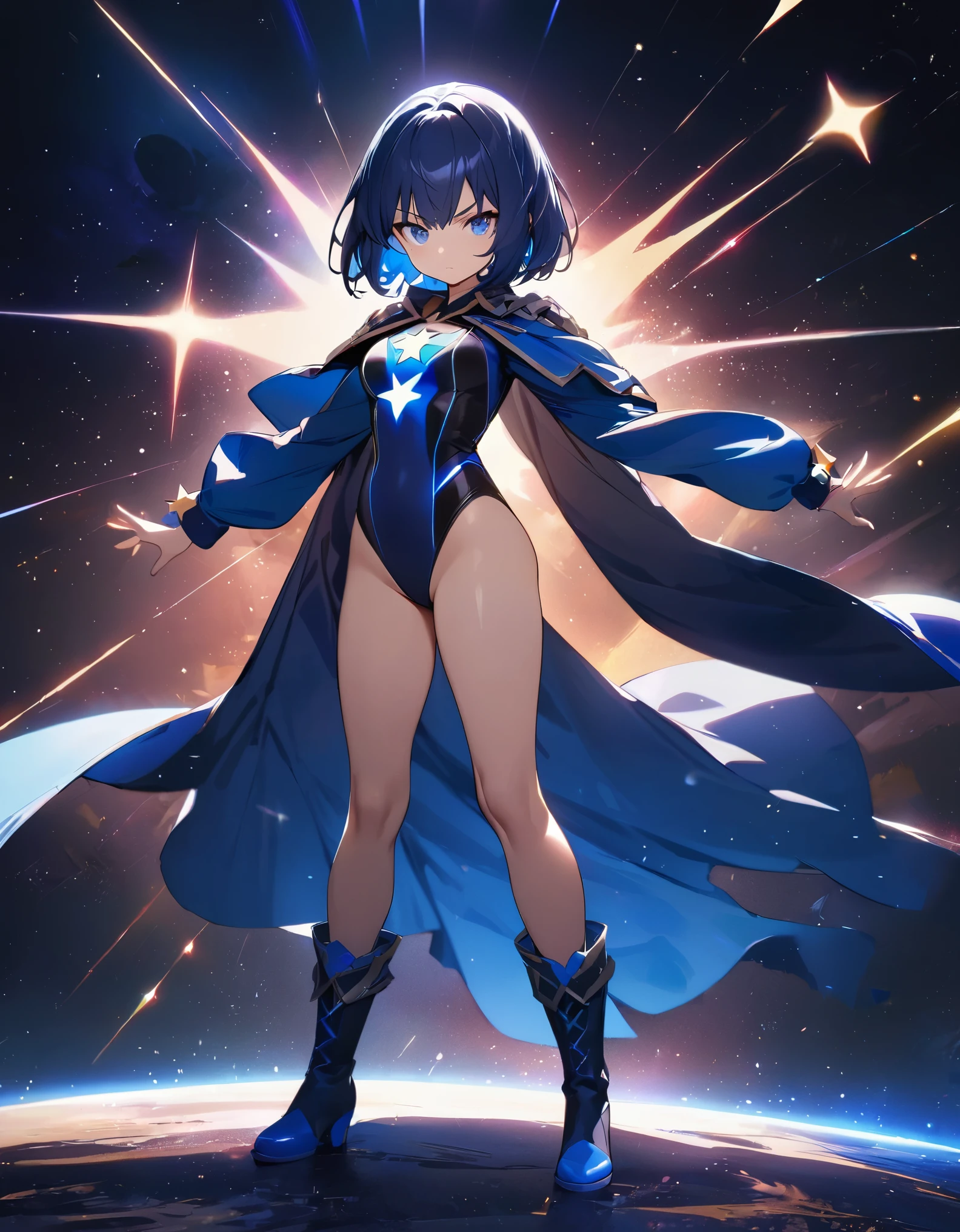 masterpiece, best quality, 1girl, superhero, leotard, dark blue leotard, long sleeves, shoulder-length cape, bare legs, boots, dark blue boots, matching boots, medium breasts, diffraction spikes, light particles, aura, blue aura, standing, standing straight, space backdrop, blue hair, ((short hair, bob hair)), blue eyes, beautiful detailed eyes, beautiful detailed face, cute face, heroic, ((star symbol on the chest)), serious, full body with costume, full body, cowboy shot