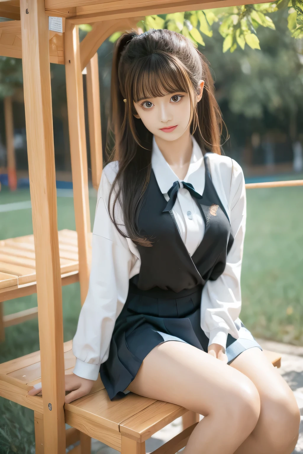 chunmomo, (masterpiece, best quality:1.2), soft light, 1girl, solo, delicate face, Detailed skin, long black hair, ,school uniform,playground,medium breasts