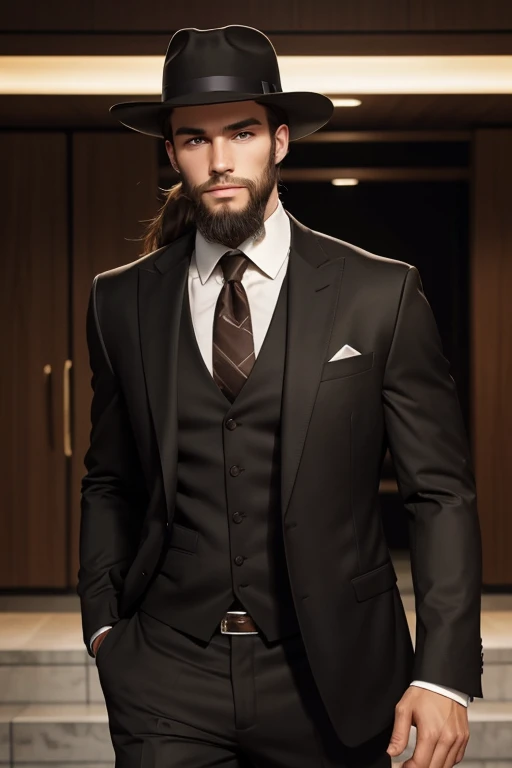 Caucasian male, 18 years old, very tall, long brown hair worn in a ponytail, chinstrap beard graying at the chin. hazel green eyes, narrow shoulders, strong musculature. Black, tailored three piece suit and fedora.