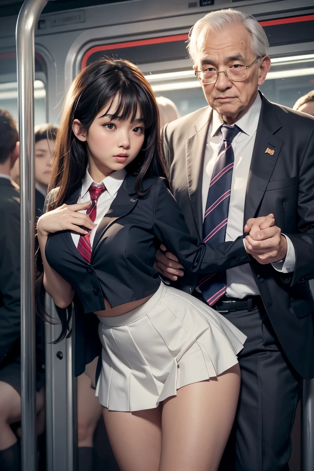 (masterpiece), (realistic), (ultra hd 8k), (realistic body proportions) old man pushing his chest against a (very hot young girl, school uniform) back inside a very crowded train