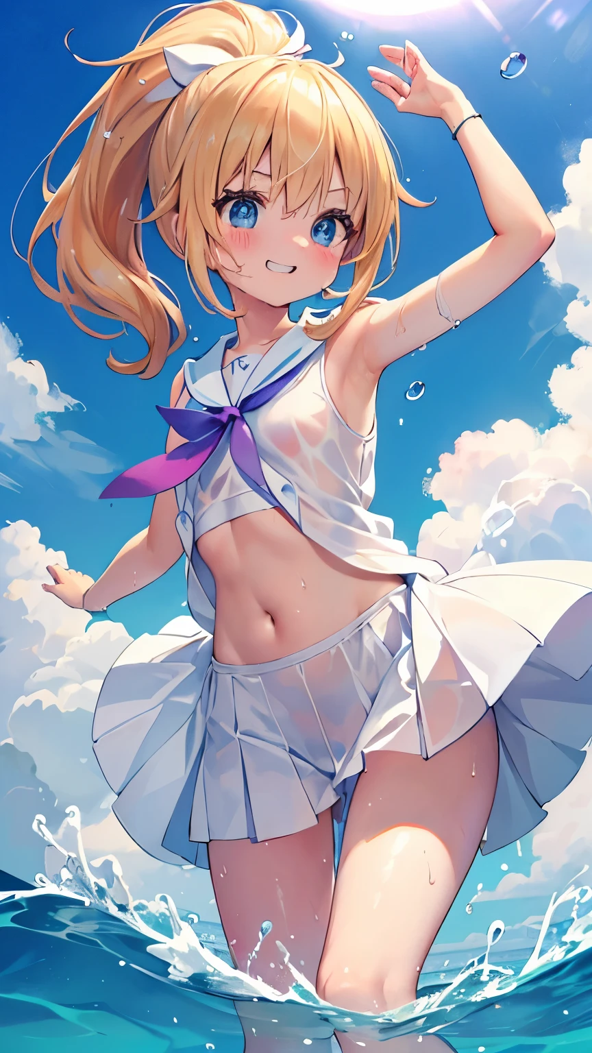 ((masterpiece)), Disorganized, ((Lily_Pokémon)), water eyes, Blonde,ponytail、beautiful fair skin、white ribbon, White sailor suit、White pleated skirt , sleeveless, ((charming))、((from the perspective below))、water droplets、on all fours，Fluid between thighs、flowing liquid、exposed、disheveled、Clothing that fits snugly,Chest contour、(((Wet clothing))),tube top，(((ultra-thin clothing))),(Body model),((body outline)),grinning, blush,Hyperactive expression,(crotch display),