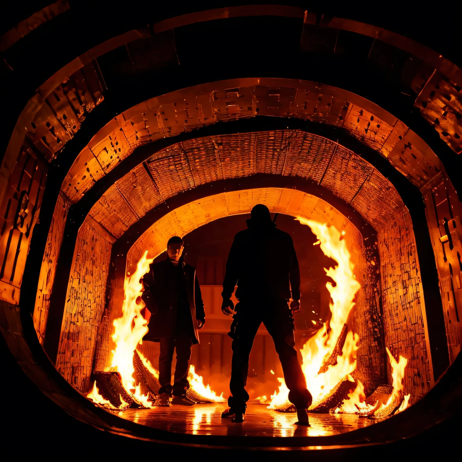 King Enma,Gangsters imprisoned in hell's prison,Behind the men,Lock,I can't see your face,Shoot in ultra-high resolution. This masterpiece is of the highest quality,Shoot in ultra-high resolution,Burning flames in the background