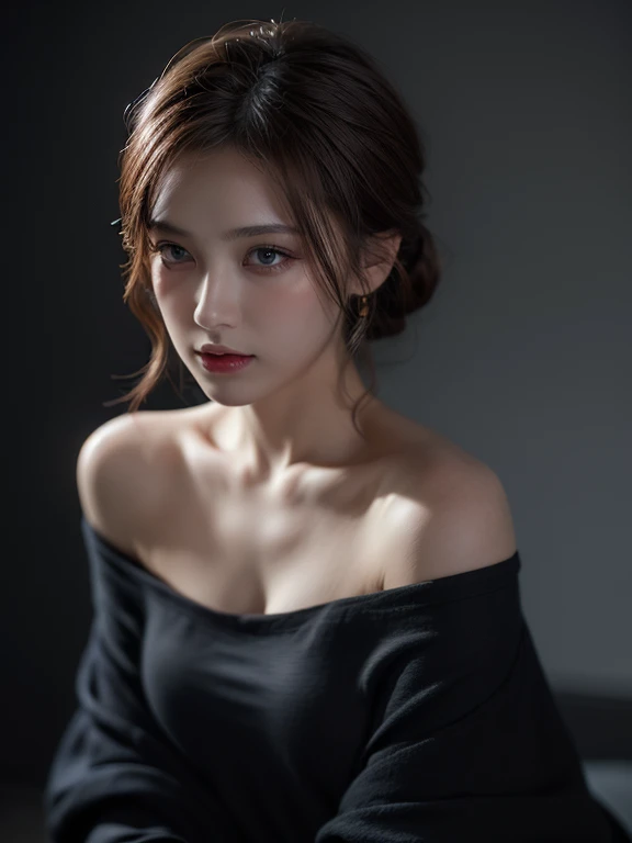 highest quality, masterpiece, ultra high resolution, (realistic:1.4), Raw photo, 1 girl, off shoulder, in the dark, deep shadow, discreet key, cold light、Matte photo、