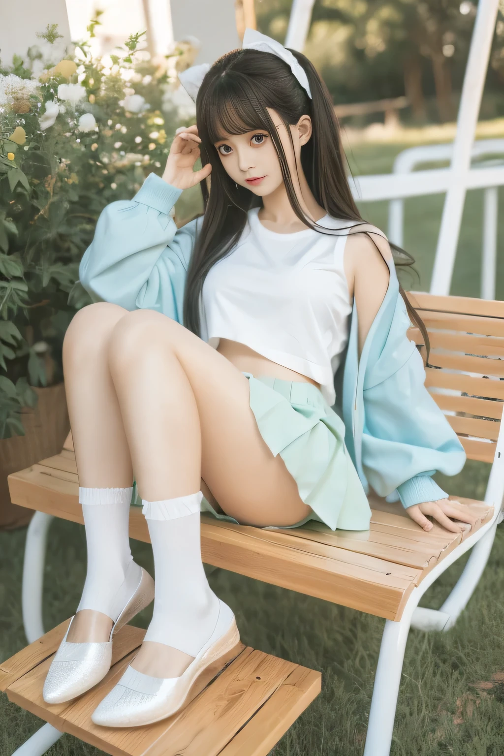 chunmomo, (masterpiece, best quality:1.2), soft light, 1girl, solo, delicate face, Detailed skin, long black hair, ,long sleeves, white shirt, pantyhose, pleated skirt, black pantyhose, green skirt, blue cardigan,playground