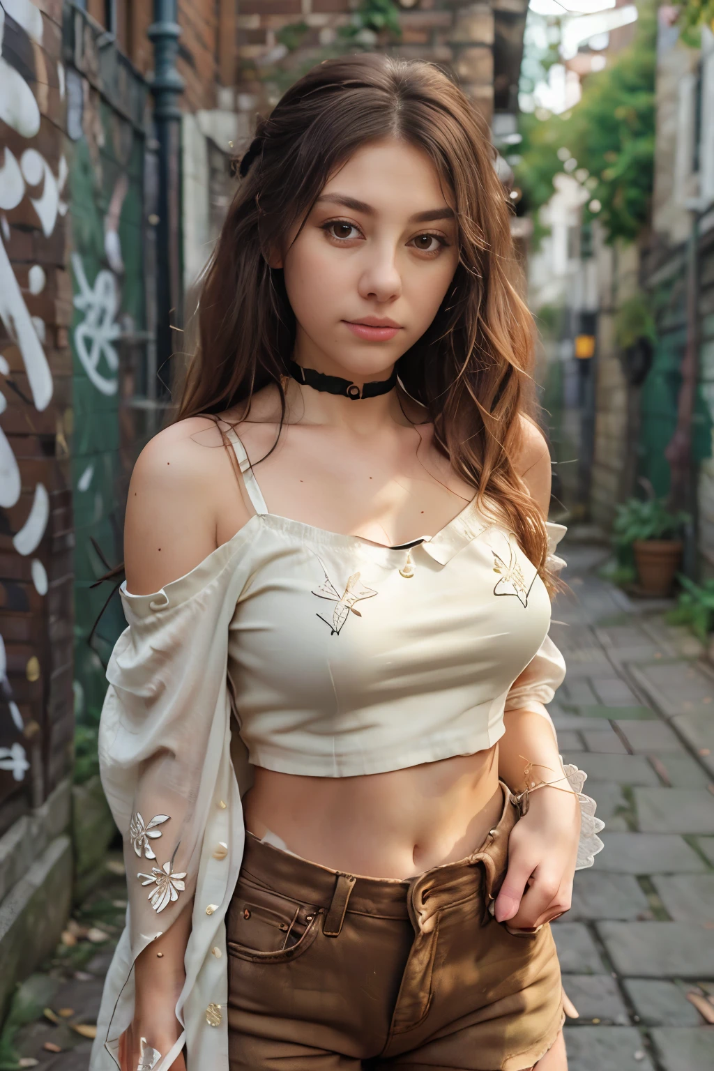 ultra realistic 8k cg, masterpiece, ((ultra detailed background, delicate pattern, intricate detail)), best quality, intricate details, chromatic aberration, 1girl, long hair, golden hair, messy hair, red highlights, hair over one eye, sharp eyes, choker, brick wall, graffiti, dim lighting, alley, oversized shirt,off shoulder, see through white shirt, Masterpiece, best quality