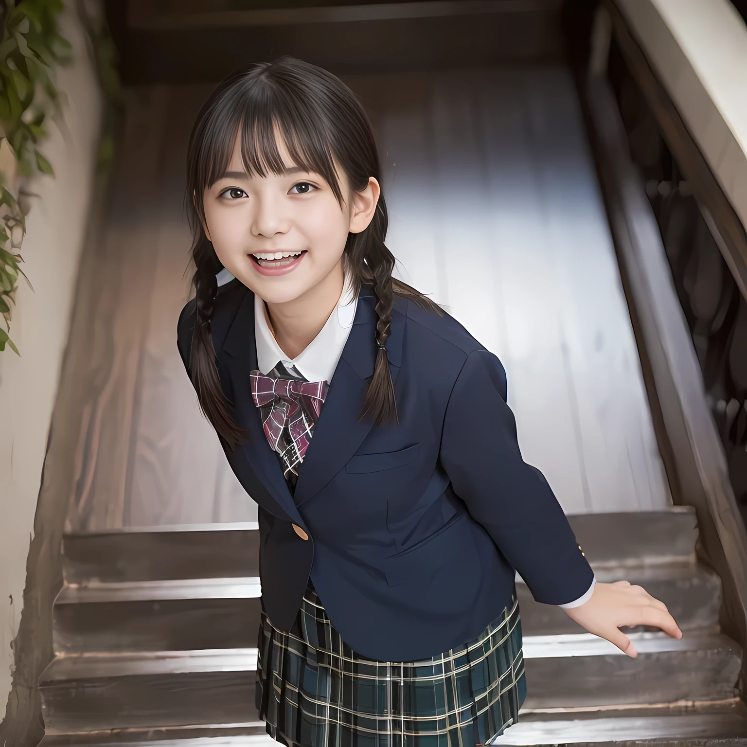 (highest quality、masterpiece:1.2)、highest quality、realistic、photograph、High resolution、1080p、8K、The face is especially pale., physical rendering、((Height: 155cm)), one Japanese girl、((Siren in the form of a 15-year-old Japanese junior high school student)), ((((Siren in the form of a beautiful girl fashion model from a Japanese magazine)))), , (((big very detailed beautiful dark brown eyes))), ((blue girly large wine-red glossy polyester Japanese school ribbon bow tie)), (((black beautiful long twin braids hair))), ((((deep blue colored tartan checkered formal long pleated pleated skirt)))), ((A unpatterned formal dark blue blazer in solid that is slightly oversized and has an emblem on the left chest.)), ((((((laughing at me!)))))), mouth is open, The large blazer and skirt are very cute., detailed fingers, Slender body, ((curled bangs)), so beautiful, long eyelashes, ((Very big and very very very cute eyes of a Japanese girl)), ((large pupils)), double eyelids, The entire skirt is photographed, thin eyebrows, ((drooping eyes)), ((long eyelashes)), ((cute lovely lovely laughing laughing cheeks)), ((Pure white light hits her face from above and in the front, making her skin and eyes shine beautifully.)), ((Strong light hits the nose and cheeks、It brings out the richness of the expression.)), (((((Her face is expressive, pure and very intelligent.))))), (((((going down stairs bringing me to the underground temple of Succubus!!)))))