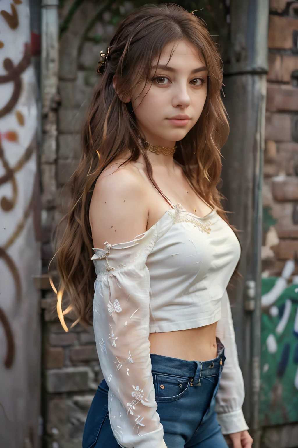 ultra realistic 8k cg, masterpiece, ((ultra detailed background, delicate pattern, intricate detail)), best quality, intricate details, chromatic aberration, 1girl, long hair, golden hair, messy hair, red highlights, hair over one eye, sharp eyes, choker, brick wall, graffiti, dim lighting, alley, oversized shirt,off shoulder, see through white shirt, Masterpiece, best quality