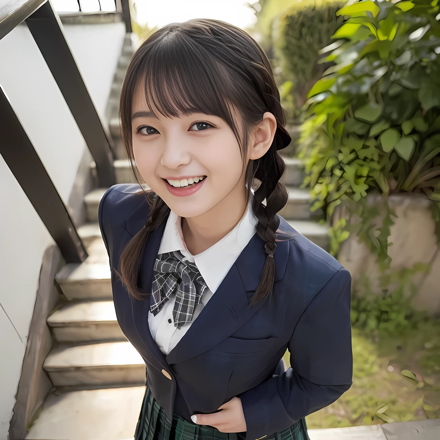 (highest quality、masterpiece:1.2)、highest quality、realistic、photograph、High resolution、1080p、8K、The face is especially pale., physical rendering、((Height: 155cm)), one Japanese girl、((Siren in the form of a 15-year-old Japanese junior high school student)), ((((Siren in the form of a beautiful girl fashion model from a Japanese magazine)))), , (((big very detailed beautiful dark brown eyes))), ((blue girly large wine-red glossy polyester Japanese school ribbon bow tie)), (((black beautiful long twin braids hair))), ((((deep blue colored tartan checkered formal long pleated pleated skirt)))), ((A unpatterned formal dark blue blazer in solid that is slightly oversized and has an emblem on the left chest.)), ((((((laughing at me!)))))), mouth is open, The large blazer and skirt are very cute., detailed fingers, Slender body, ((curled bangs)), so beautiful, long eyelashes, ((Very big and very very very cute eyes of a Japanese girl)), ((large pupils)), double eyelids, The entire skirt is photographed, thin eyebrows, ((drooping eyes)), ((long eyelashes)), ((cute lovely lovely laughing laughing cheeks)), ((Pure white light hits her face from above and in the front, making her skin and eyes shine beautifully.)), ((Strong light hits the nose and cheeks、It brings out the richness of the expression.)), (((((Her face is expressive, pure and very intelligent.))))), (((((going down stairs bringing me to the underground temple of Succubus!!)))))