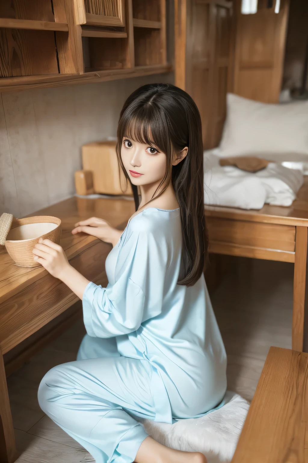 chunmomo, (masterpiece, best quality:1.2), soft light, 1girl, solo, delicate face, Detailed skin, long black hair, ,pajamas,nightgown,traditional chinese room