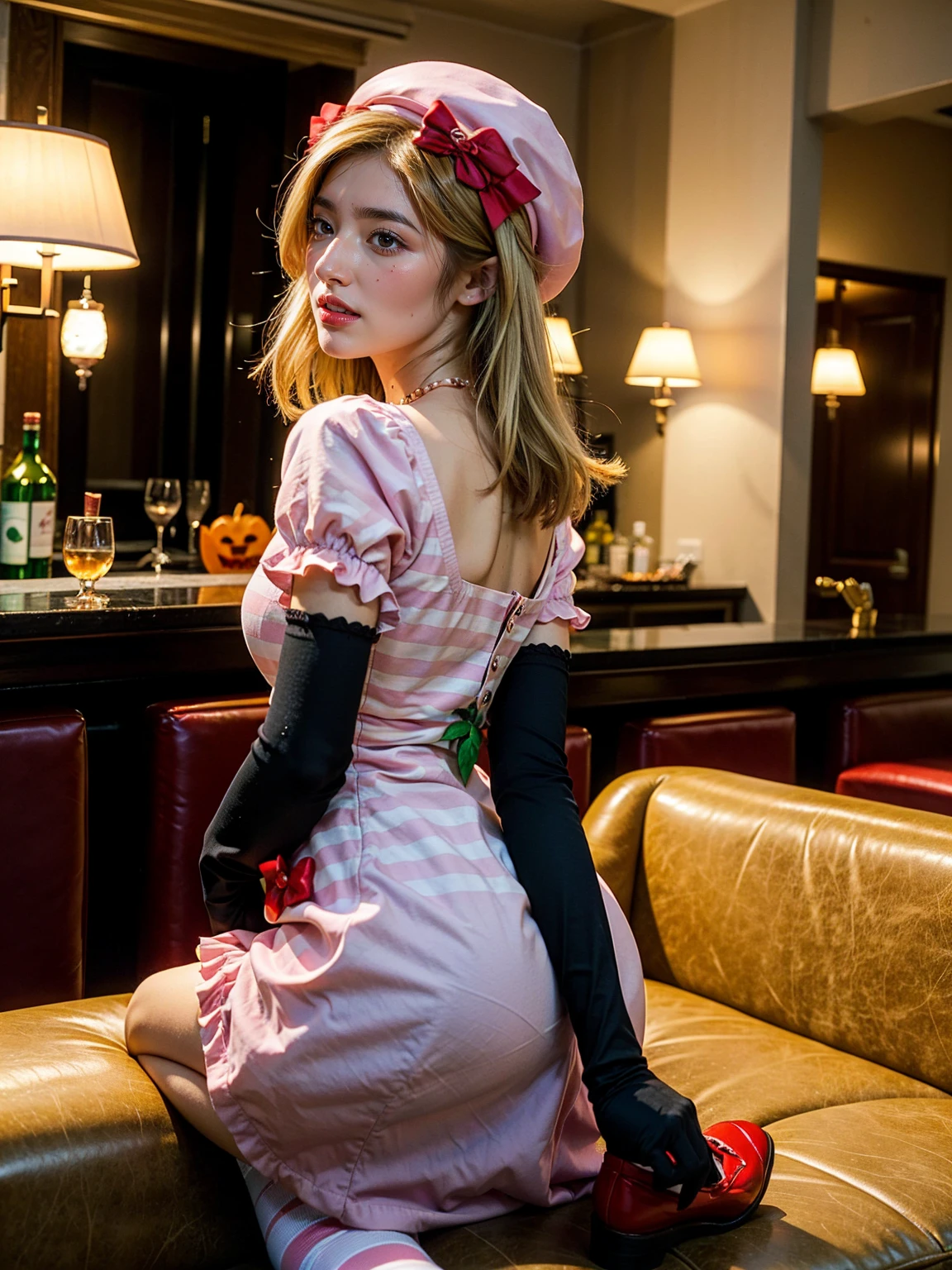 (1 lady), The beautiful, (Best quality at best:1.4), (ultra - detailed), (extremely detailed CG unified 16k), gold blonde hair, very detailed, High-definition RAW color photo, professional photoshooting, amazing face and eyes, cosmetics, (amazingly beautiful girl), ((lambdadelta)), ((dress, shoes bow, red shoes, striped stockings, red bow, pink hat, necklace, gloves, pearl, pumpkin brooch, pink dress)), standing, sexyposture，(Dark and stylish bar, drinks, lamp lights, lamp lights:1.3), (look from down), realistic cinematic face, head to feet long wide zoomed out view, full body long view, photorealistic, ((realistic natural blonde hair style, honey eyes)), gorgeous, extremely beautiful face, perfect model beauty, pout mouth, flirting smile, cleavages, city girl, western, shopping in the city, (masterpiece), best quality, high resolution, extremely detailed, blurred background, depth of field, cinematic lighting, amazing legs, high heels, clear and well-cared skin, from behind, nice ass, 