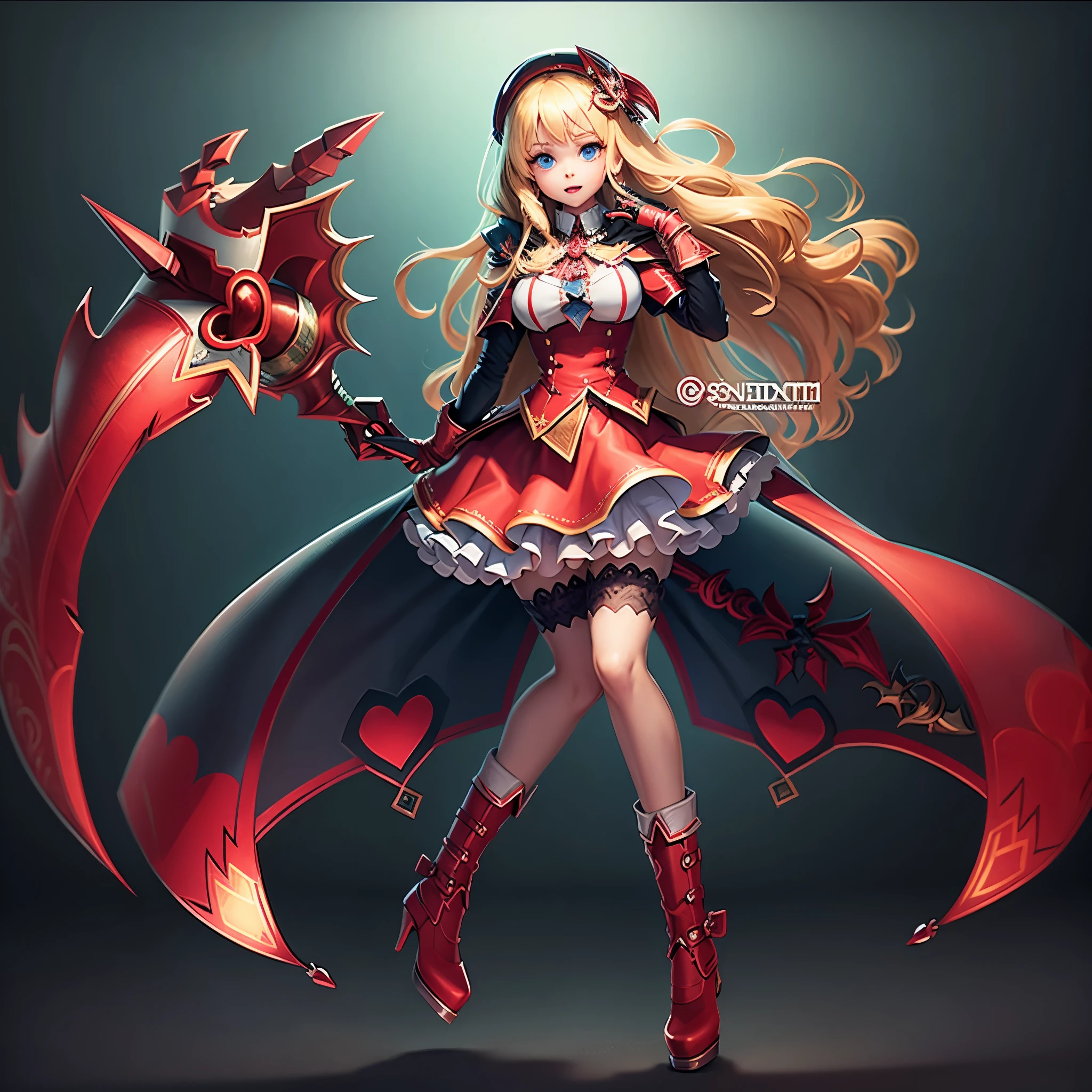 1 full body girl, medium chest, long blonde hair, red skirt, blue eyes, excited face, red shirt, marked nipples, red heels