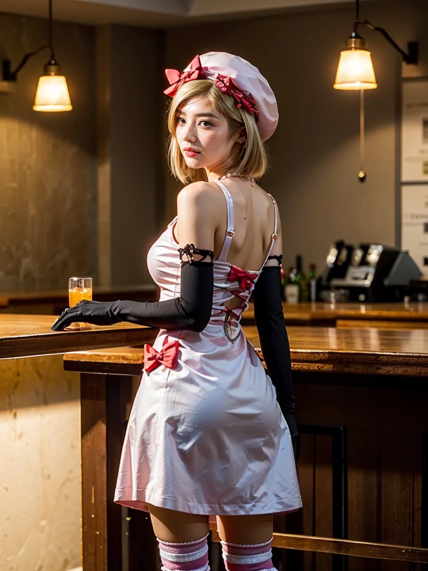 (1 lady), The beautiful, (Best quality at best:1.4), (ultra - detailed), (extremely detailed CG unified 16k), gold blonde hair, very detailed, High-definition RAW color photo, professional photoshooting, amazing face and eyes, cosmetics, (amazingly beautiful girl), ((lambdadelta)), ((dress, shoes bow, red shoes, striped stockings, red bow, pink hat, necklace, gloves, nude, nsfw, explicit nude, nongenital crotch, asexual anatomy, no genitals)), (without genitals, visible crotch without genitals), standing, sexyposture,(Dark and stylish bar, drinks, lamp lights, lamp lights:1.3), (look from down), realistic cinematic face, head to feet long wide zoomed out view, full body long view, photorealistic, ((realistic natural blonde hair style, honey eyes)), gorgeous, extremely beautiful face, perfect model beauty, pout mouth, flirting smile, cleavages, city girl, western, shopping in the city, (masterpiece), best quality, high resolution, extremely detailed, blurred background, depth of field, cinematic lighting, amazing legs, high heels, clear and well-cared skin, looking at viewer, frontal photo