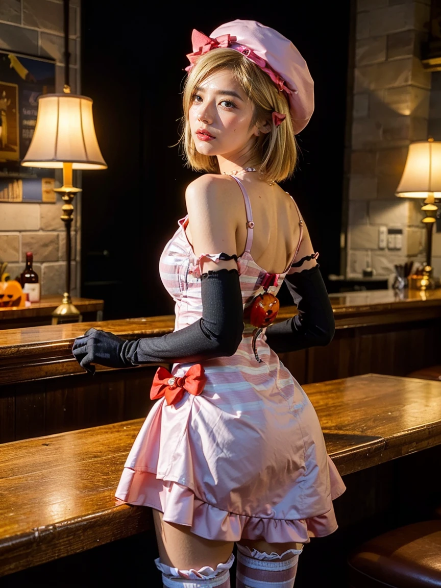(1 lady), The beautiful, (Best quality at best:1.4), (ultra - detailed), (extremely detailed CG unified 16k), gold blonde hair, very detailed, High-definition RAW color photo, professional photoshooting, amazing face and eyes, cosmetics, (amazingly beautiful girl), ((lambdadelta)), ((dress, shoes bow, red shoes, striped stockings, red bow, pink hat, necklace, gloves, pearl, pumpkin brooch, pink dress)), standing, sexyposture,(Dark and stylish bar, drinks, lamp lights, lamp lights:1.3), (look from down), realistic cinematic face, head to feet long wide zoomed out view, full body long view, photorealistic, ((realistic natural blonde hair style, honey eyes)), gorgeous, extremely beautiful face, perfect model beauty, pout mouth, flirting smile, cleavages, city girl, western, shopping in the city, (masterpiece), best quality, high resolution, extremely detailed, blurred background, depth of field, cinematic lighting, amazing legs, high heels, clear and well-cared skin, from behind, nice ass,