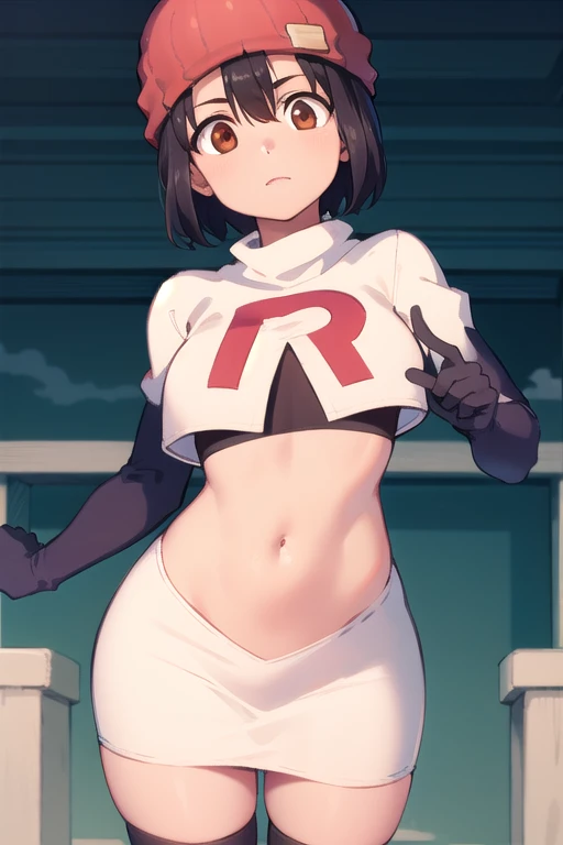 fuukoizumo, fuuko izumo, black hair, hair between eyes, (brown eyes:1.5), short hair,
BREAK team rocket,team rocket uniform, red letter R, white skirt,white crop top,black thigh-highs,black elbow gloves, beanie, (red beanie:1.2),
BREAK looking at viewer, (cowboy shot:1.5),
BREAK (masterpiece:1.2), best quality, high resolution, unity 8k wallpaper, (illustration:0.8), (beautiful detailed eyes:1.6), extremely detailed face, perfect lighting, extremely detailed CG, (perfect hands, perfect anatomy),